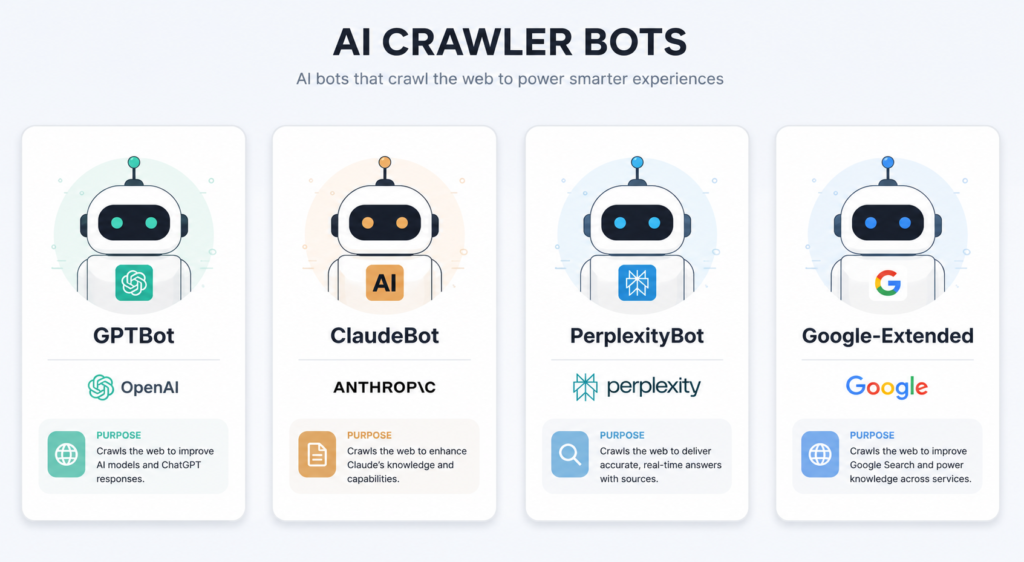 GPTBot ClaudeBot PerplexityBot Google-Extended AI crawler comparison chart