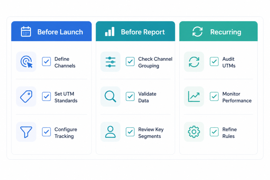 Three-phase UTM and attribution QA checklist covering campaign launch, reporting, and recurring audits